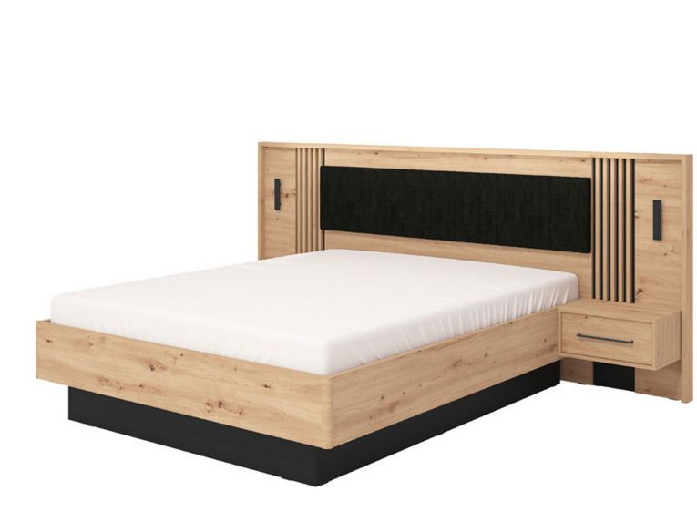 Letto Matrimoniale Marrone Rovere Nodi Nero Dimensione Materasso 160x200 cm Imbottito, Testiera Imbottita, 2 Comodini Inclusi - Casotto