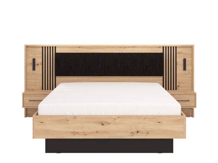 Letto Matrimoniale Marrone Rovere Nodi Nero Dimensione Materasso 160x200 cm Imbottito, Testiera Imbottita, 2 Comodini Inclusi - Casotto