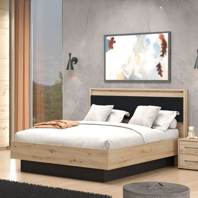 Letto Matrimoniale Marrone Rovere Nodi Nero Dimensione Materasso 160x200 cm Imbottito, Testiera Imbottita - Filogaso