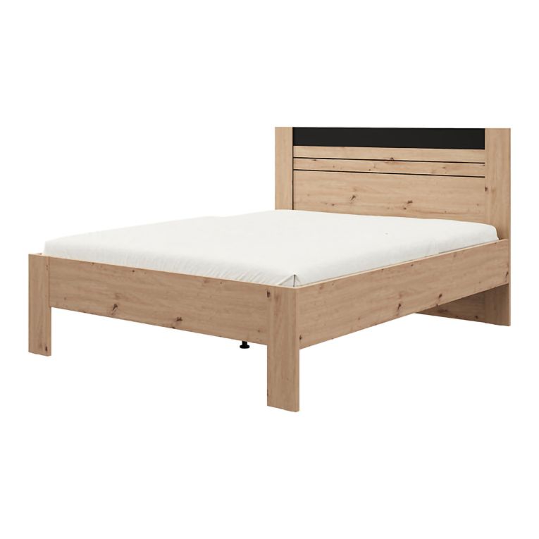 Letto Matrimoniale Marrone Rovere Nodi Nero Dimensione Materasso 160x200 cm Testata Dettaglio Rigato, Peso Supportato 200 kg - Kabale