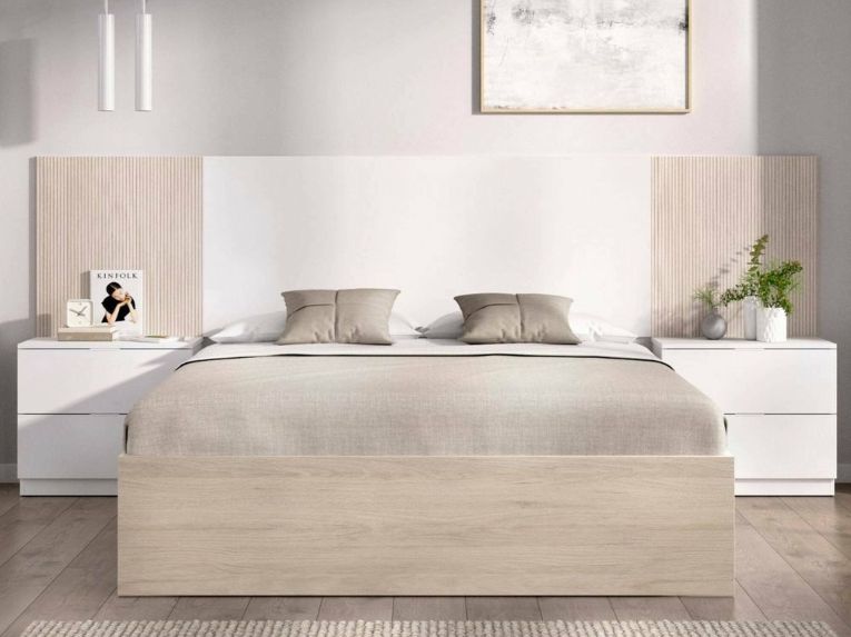 Letto matrimoniale moderno bianco e rovere 205x266cm struttura in legno - Aral