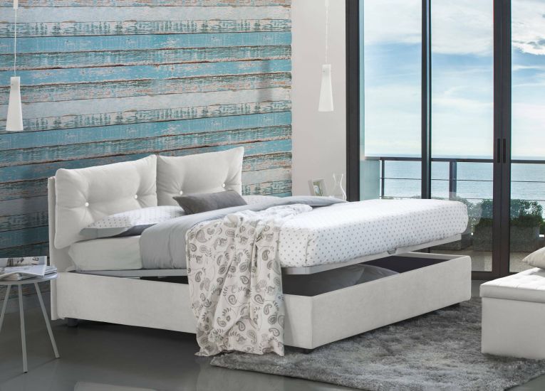 Letto matrimoniale Petra, Letto contenitore con rivestimento in tessuto, 100% Made in Italy, Apertura frontale, con materasso Cm 160x200 incluso, Bianco