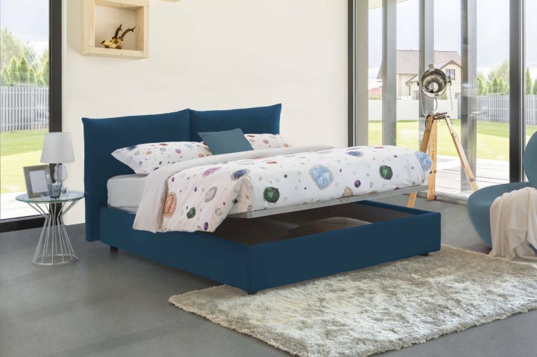 Letto matrimoniale Tiziana, Letto contenitore con rivestimento in tessuto, 100% Made in Italy, Apertura frontale, adatto per materasso Cm 160x190, Blu