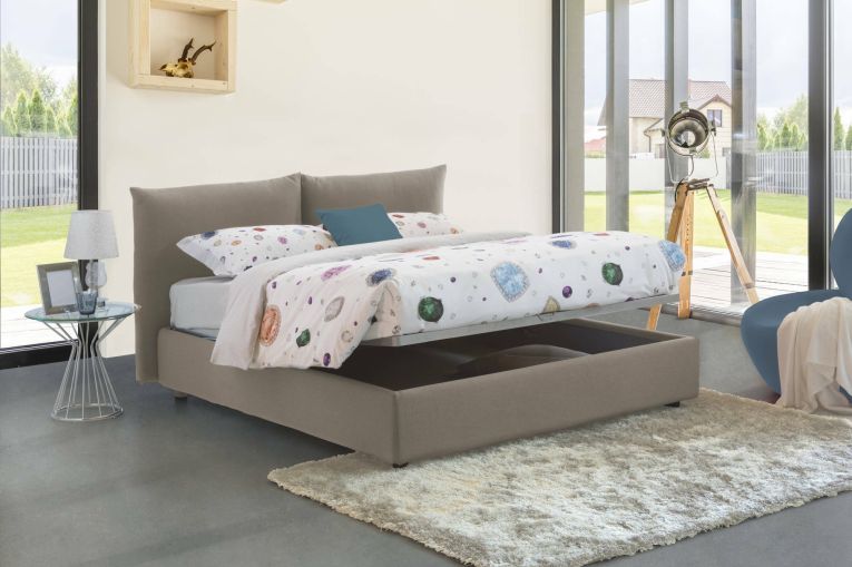 Letto matrimoniale Tiziana, Letto contenitore con rivestimento in tessuto, 100% Made in Italy, Apertura frontale, adatto per materasso Cm 160x190, Tortora