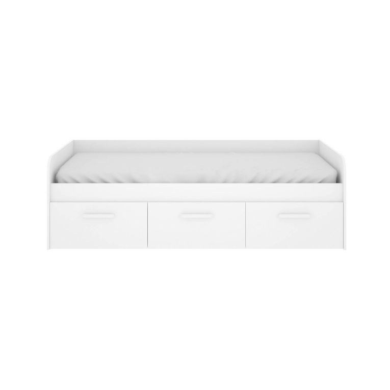 Letto per bambini Adamello, Lettino contenitore per cameretta, Struttura per letto singolo con 3 cassettoni, 194x97h60 cm, Bianco