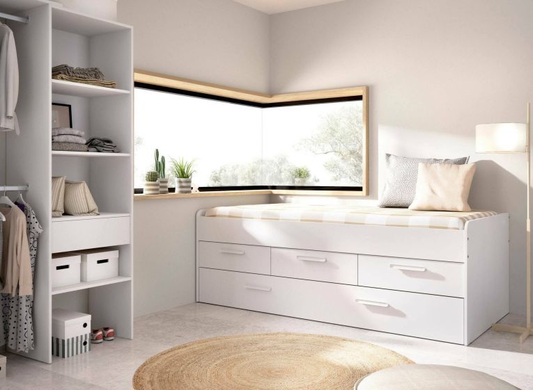 Letto per bambini Alben, Struttura con secondo lettino estraibile, Letto singolo per cameretta con 3 cassettoni, 194x95h68 cm, Bianco