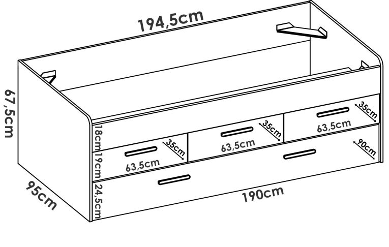 Letto per bambini Alben, Struttura con secondo lettino estraibile, Letto singolo per cameretta con 3 cassettoni, 194x95h68 cm, Bianco