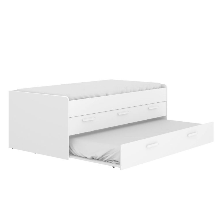 Letto per bambini Alben, Struttura con secondo lettino estraibile, Letto singolo per cameretta con 3 cassettoni, 194x95h68 cm, Bianco
