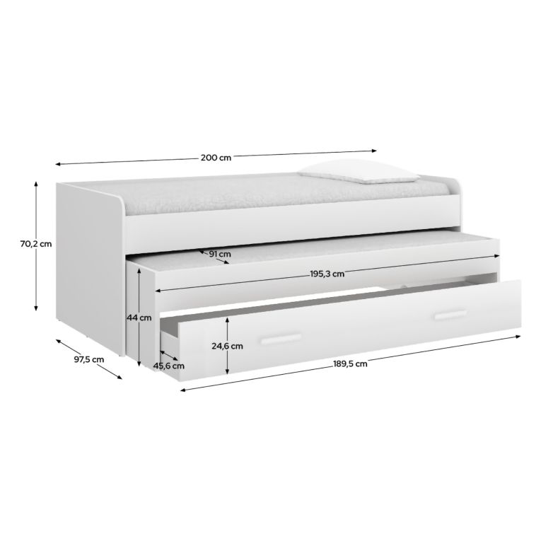 Letto per Bambini Bianco Contenitore Dimensione Materasso 90x190 cm, - Zion