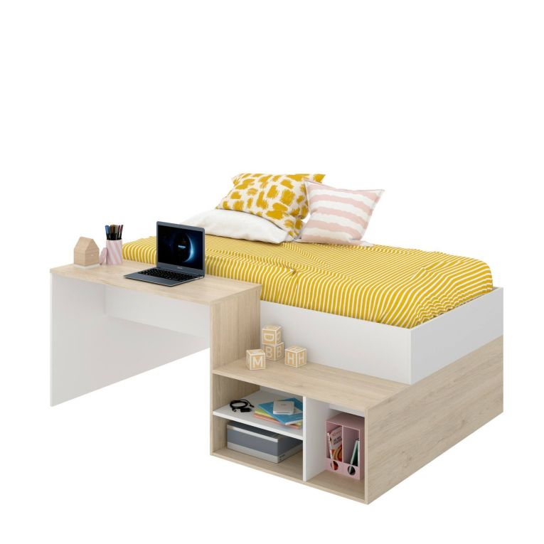 Letto per bambini Cervino, Lettino singolo per cameretta, Set con scrivania e scaffali, 195x134h73 cm, Bianco e Rovere