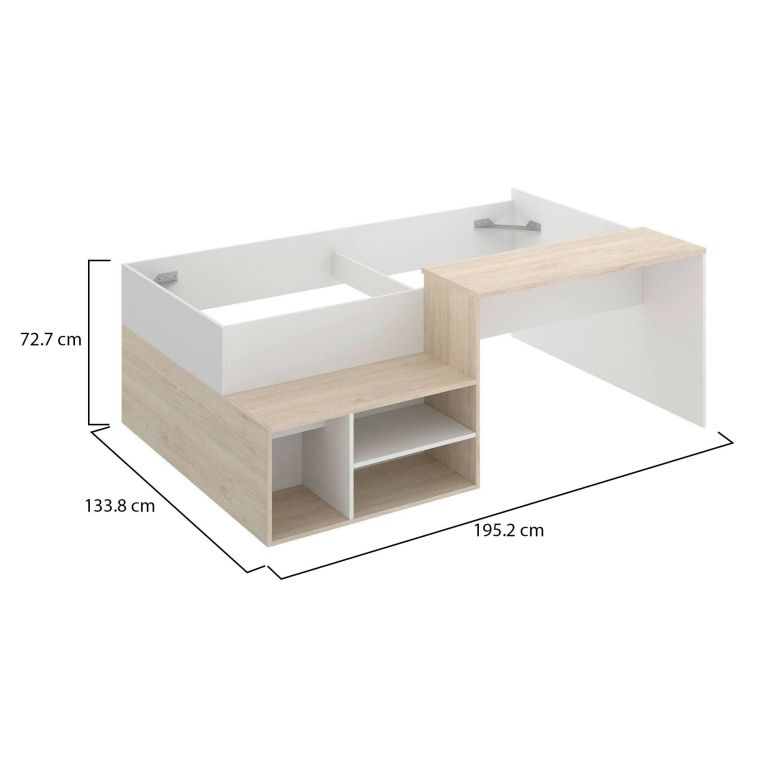 Letto per bambini Cervino, Lettino singolo per cameretta, Set con scrivania e scaffali, 195x134h73 cm, Bianco e Rovere