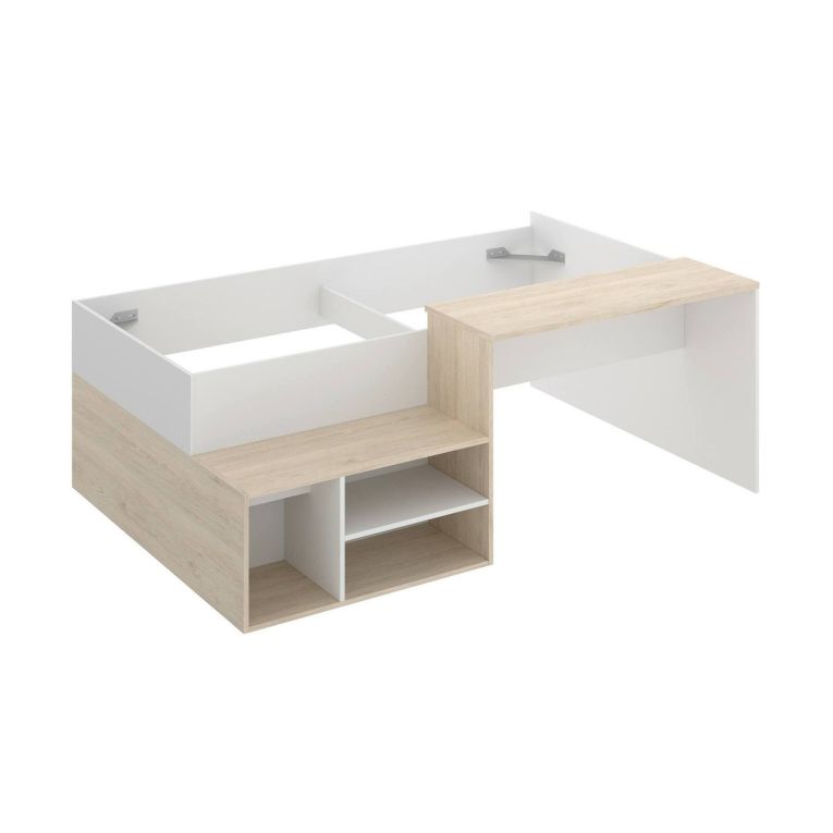 Letto per bambini Cervino, Lettino singolo per cameretta, Set con scrivania e scaffali, 195x134h73 cm, Bianco e Rovere