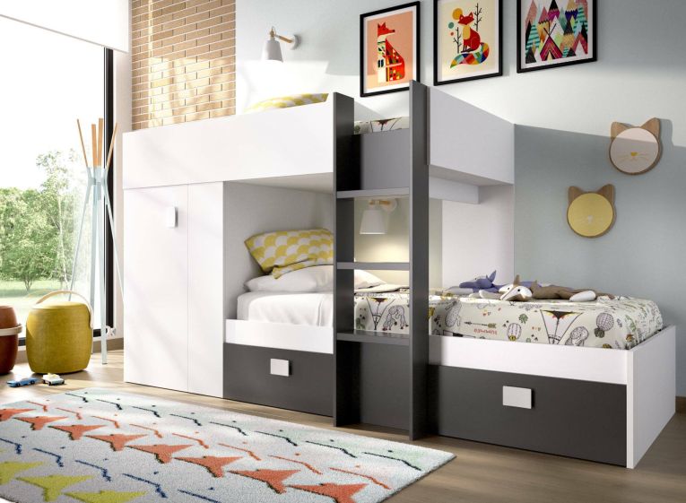 Letto per bambini Cevedale, Cameretta completa con armadio e cassetti, Composizione letto a castello con due lettini singoli, 271x111h150 cm, Bianco e Antracite