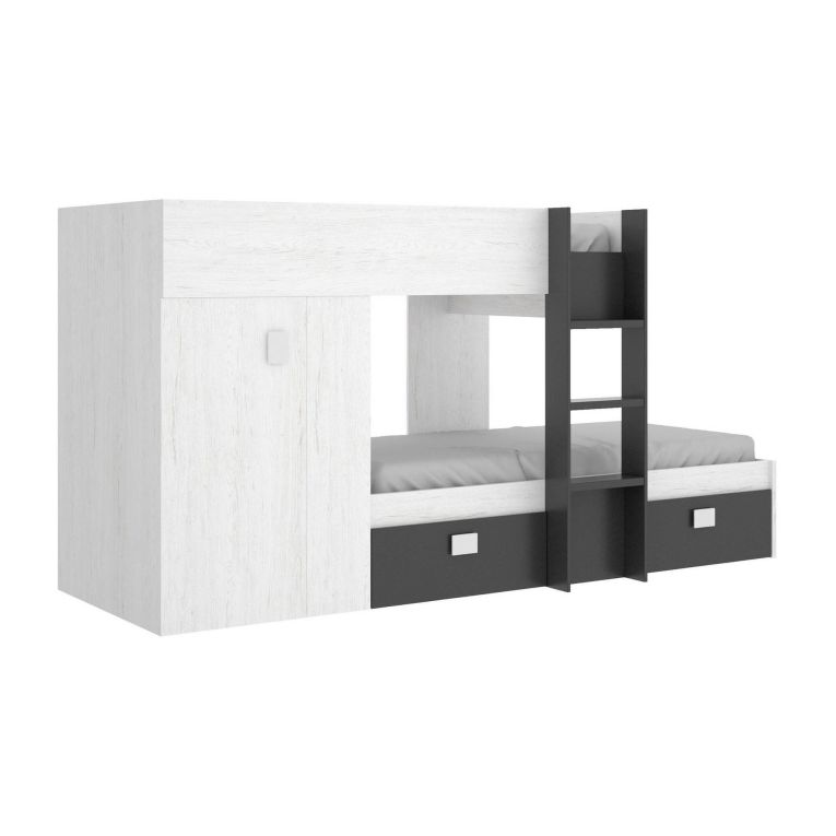 Letto per bambini Cevedale, Cameretta completa con armadio e cassetti, Composizione letto a castello con due lettini singoli, 271x111h150 cm, Bianco e Antracite
