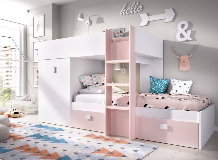 Letto per bambini Cevedale, Cameretta completa con armadio e cassetti, Composizione letto a castello con due lettini singoli, 271x111h150 cm, Bianco e Rosa