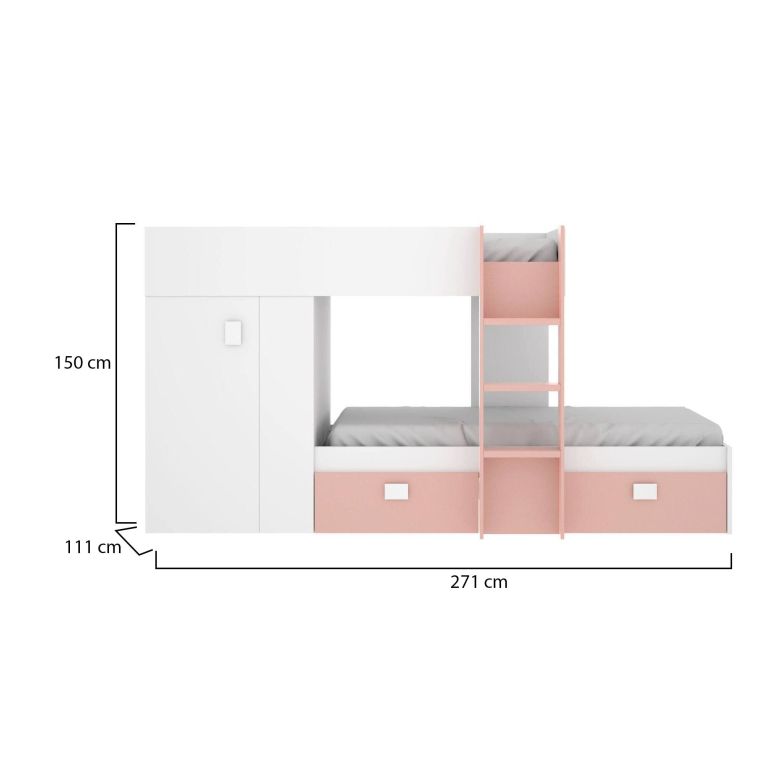 Letto per bambini Cevedale, Cameretta completa con armadio e cassetti, Composizione letto a castello con due lettini singoli, 271x111h150 cm, Bianco e Rosa