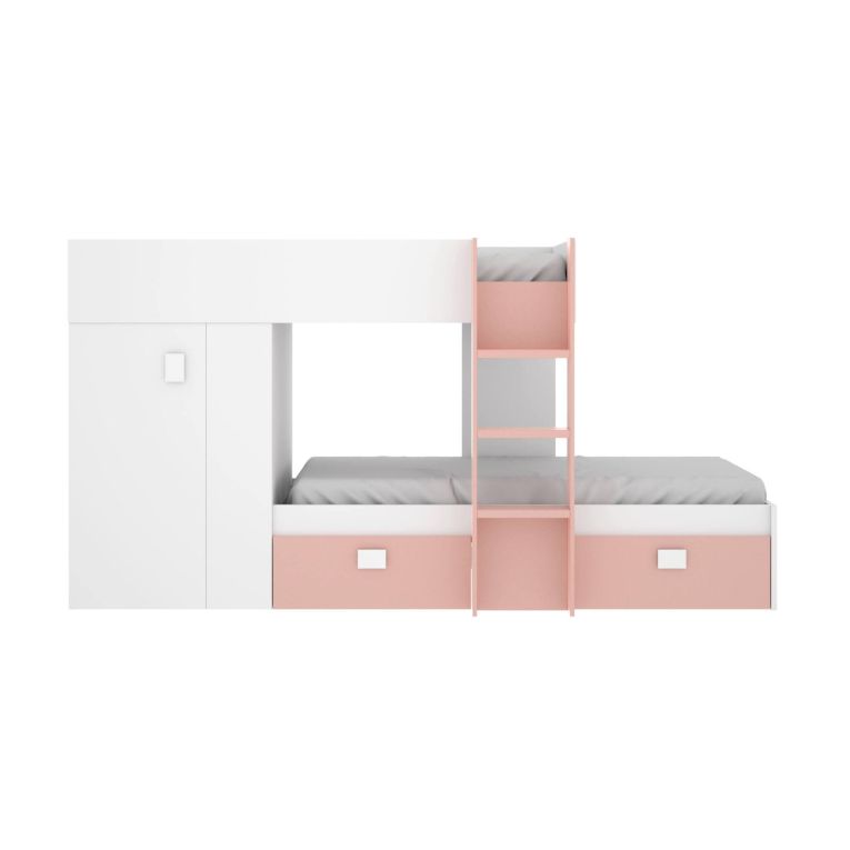 Letto per bambini Cevedale, Cameretta completa con armadio e cassetti, Composizione letto a castello con due lettini singoli, 271x111h150 cm, Bianco e Rosa