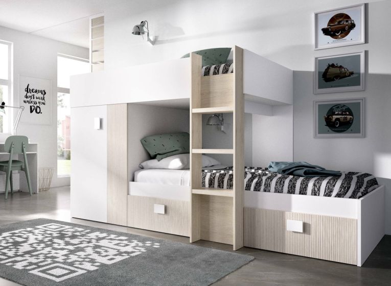 Letto per bambini Cevedale, Cameretta completa con armadio e cassetti, Composizione letto a castello con due lettini singoli, 271x111h150 cm, Bianco e Rovere