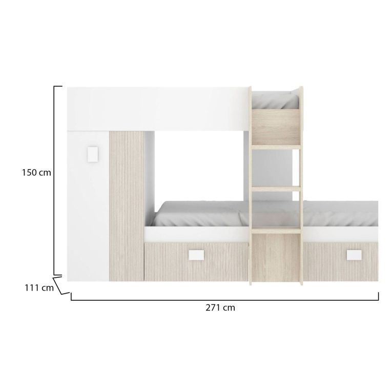 Letto per bambini Cevedale, Cameretta completa con armadio e cassetti, Composizione letto a castello con due lettini singoli, 271x111h150 cm, Bianco e Rovere
