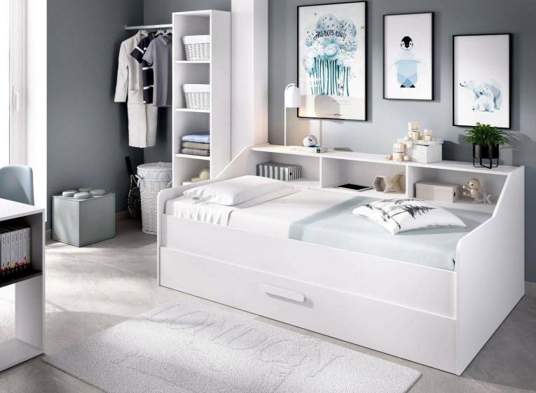 Letto per bambini con ripiani e 1 cassetto 194x120cm bianco - Annya
