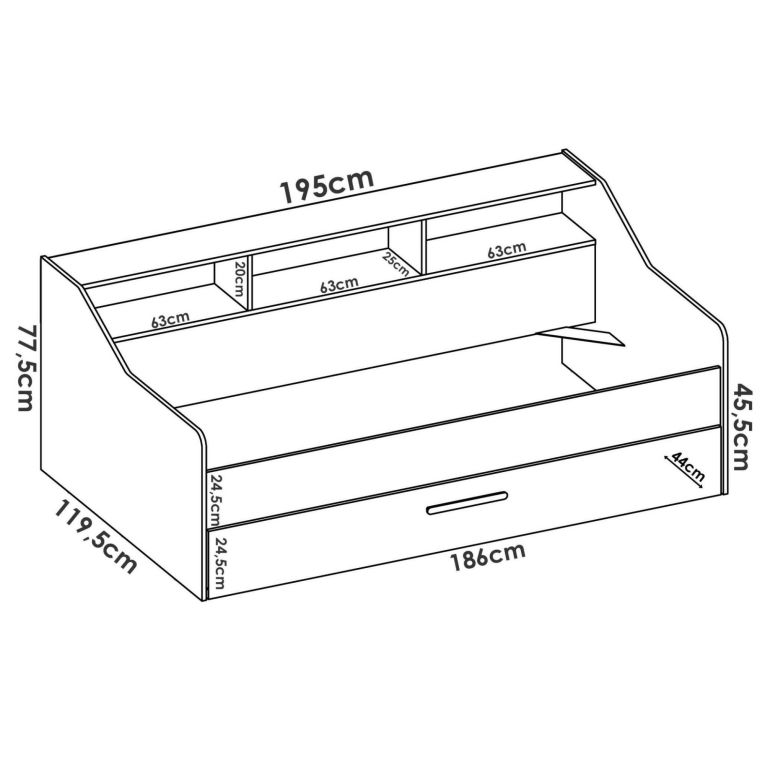 Letto per bambini con ripiani e 1 cassetto 194x120cm bianco - Annya