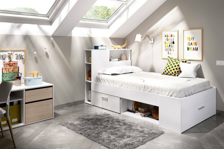 Letto per bambini Cristallo, Lettino per cameretta con testiera, Struttura per letto singolo con cassetto e scaffali, 218x99h96 cm, Bianco