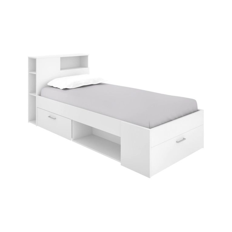 Letto per bambini Cristallo, Lettino per cameretta con testiera, Struttura per letto singolo con cassetto e scaffali, 218x99h96 cm, Bianco