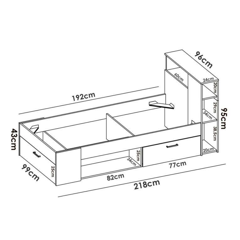 Letto per bambini Cristallo, Lettino per cameretta con testiera, Struttura per letto singolo con cassetto e scaffali, 218x99h96 cm, Bianco