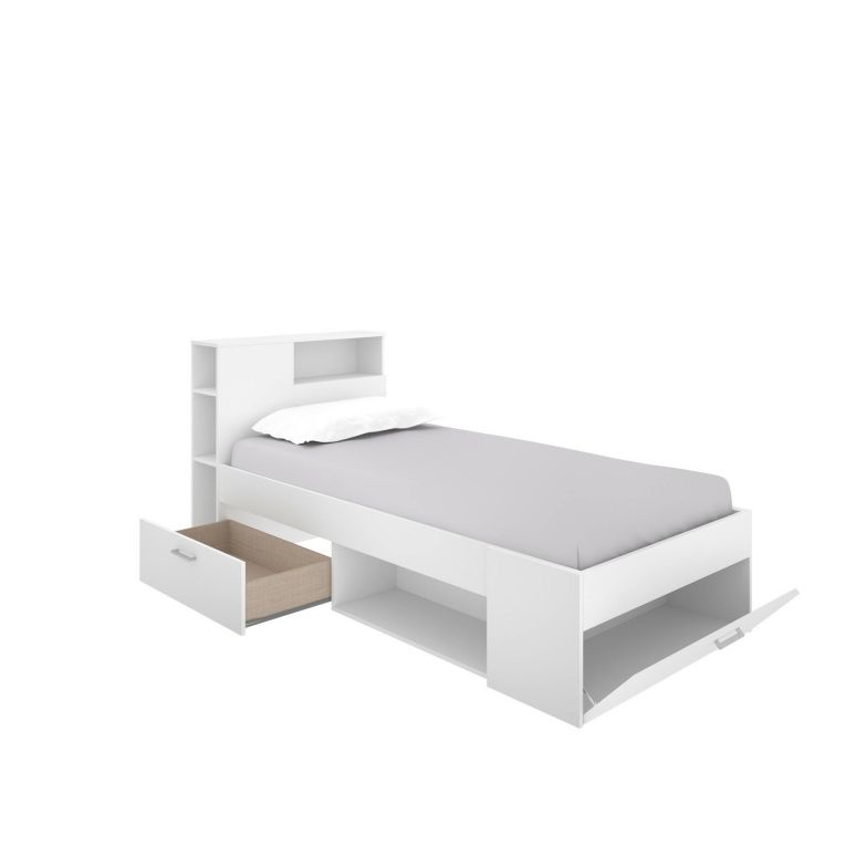 Letto per bambini Cristallo, Lettino per cameretta con testiera, Struttura per letto singolo con cassetto e scaffali, 218x99h96 cm, Bianco