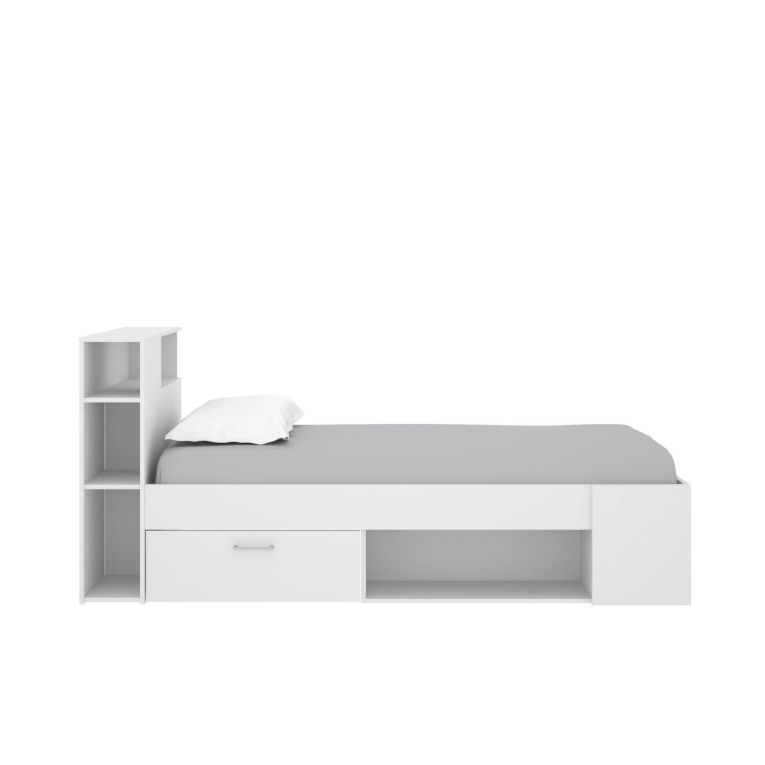 Letto per bambini Cristallo, Lettino per cameretta con testiera, Struttura per letto singolo con cassetto e scaffali, 218x99h96 cm, Bianco
