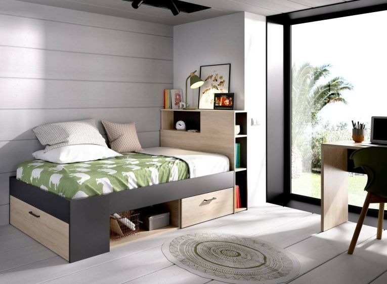Letto per bambini Cristallo, Lettino per cameretta con testiera, Struttura per letto singolo con cassetto e scaffali, 218x99h96 cm, Rovere e Antracite