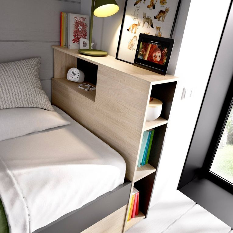 Letto per bambini Cristallo, Lettino per cameretta con testiera, Struttura per letto singolo con cassetto e scaffali, 218x99h96 cm, Rovere e Antracite