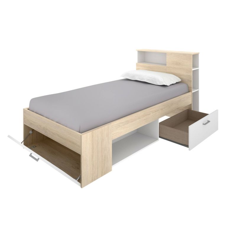 Letto per bambini Cristallo, Sommier per camera da letto, Giroletto per stanza, Struttura porta materasso, 218x99 h96 cm, Bianco e Rovere
