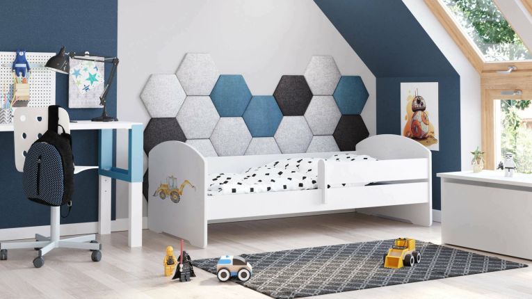 Letto per bambini Debby, 77x144 h56 cm, Bianco con Escavatore