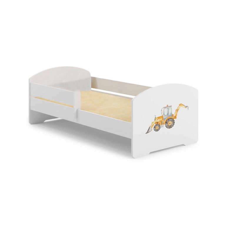 Letto per bambini Debby, 77x144 h56 cm, Bianco con Escavatore