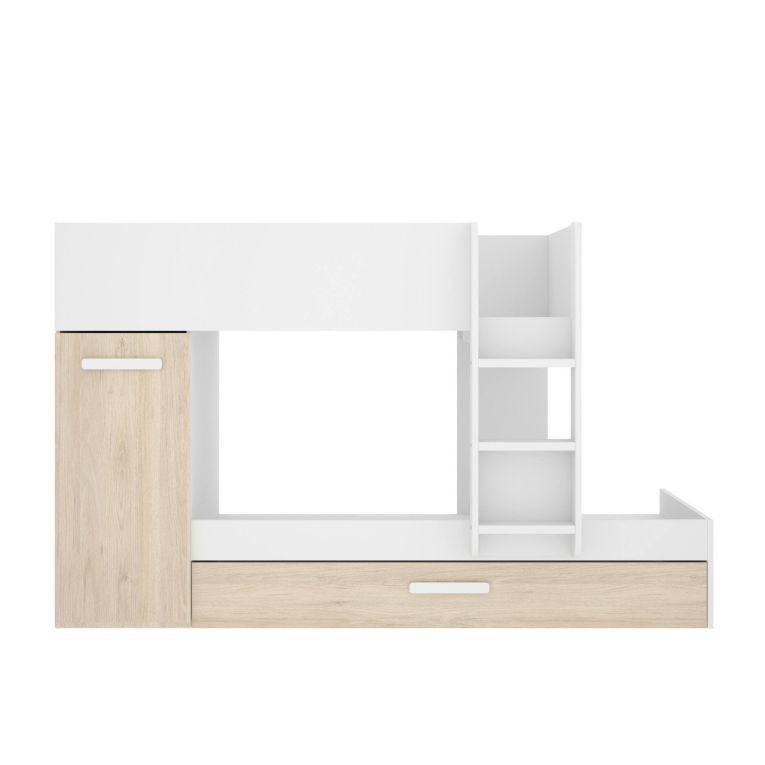 Letto per bambini Eiger, Cameretta completa con armadio e cassetto, Composizione letto a castello con due lettini singoli, 244x112h150 cm, Rovere e Bianco