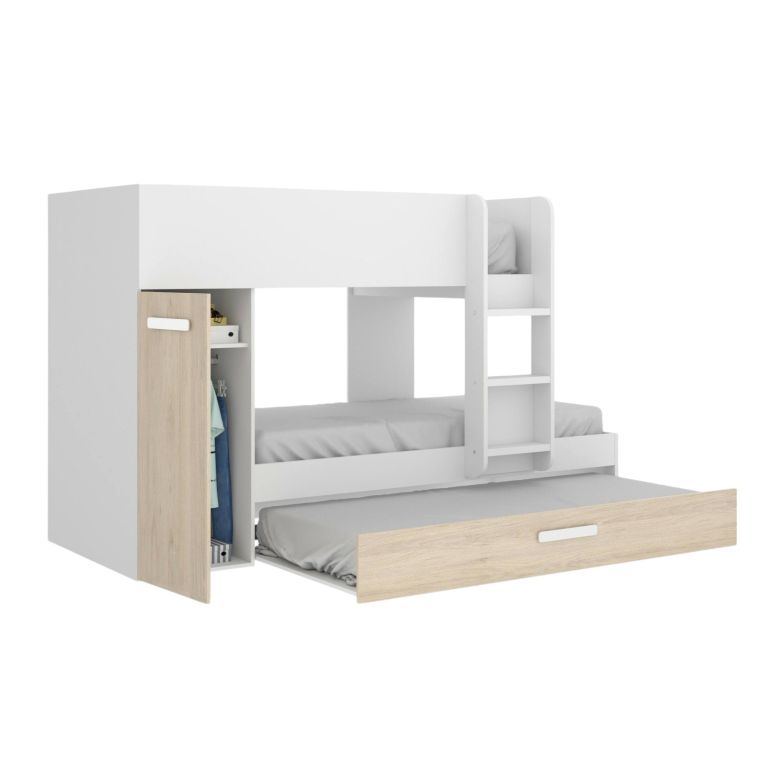 Letto per bambini Eiger, Cameretta completa con armadio e cassetto, Composizione letto a castello con due lettini singoli, 244x112h150 cm, Rovere e Bianco