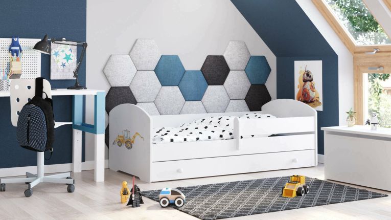 Letto per bambini Gorio, 85x164 h63 cm, Bianco con Escavatore