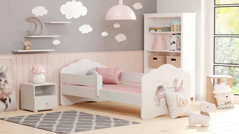 Letto per bambini Komen, 85x164 h63 cm, Bianco con unicorno