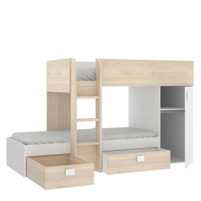 Letto per bambini Marmolada, Cameretta completa con armadio e cassetti, Composizione letto a castello con due lettini singoli, 255x112h150 cm, Bianco e Rovere