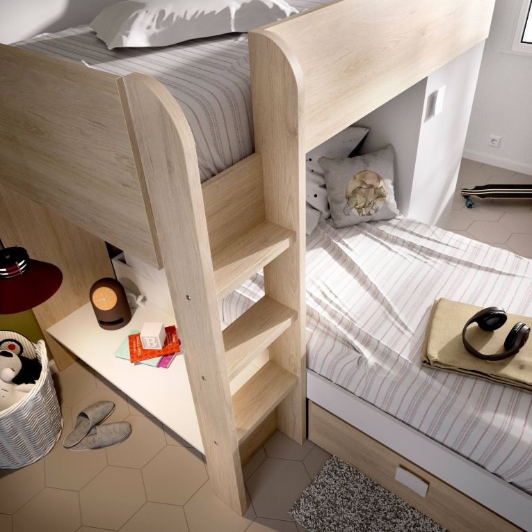 Letto per bambini Marmolada, Cameretta completa con armadio e cassetti, Composizione letto a castello con due lettini singoli, 255x112h150 cm, Bianco e Rovere