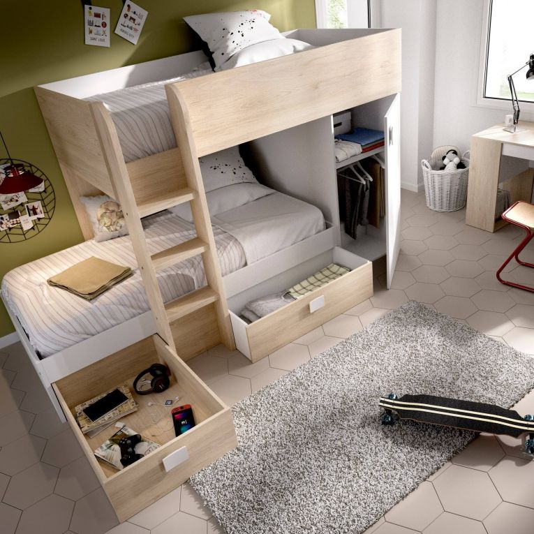 Letto per bambini Marmolada, Cameretta completa con armadio e cassetti, Composizione letto a castello con due lettini singoli, 255x112h150 cm, Bianco e Rovere