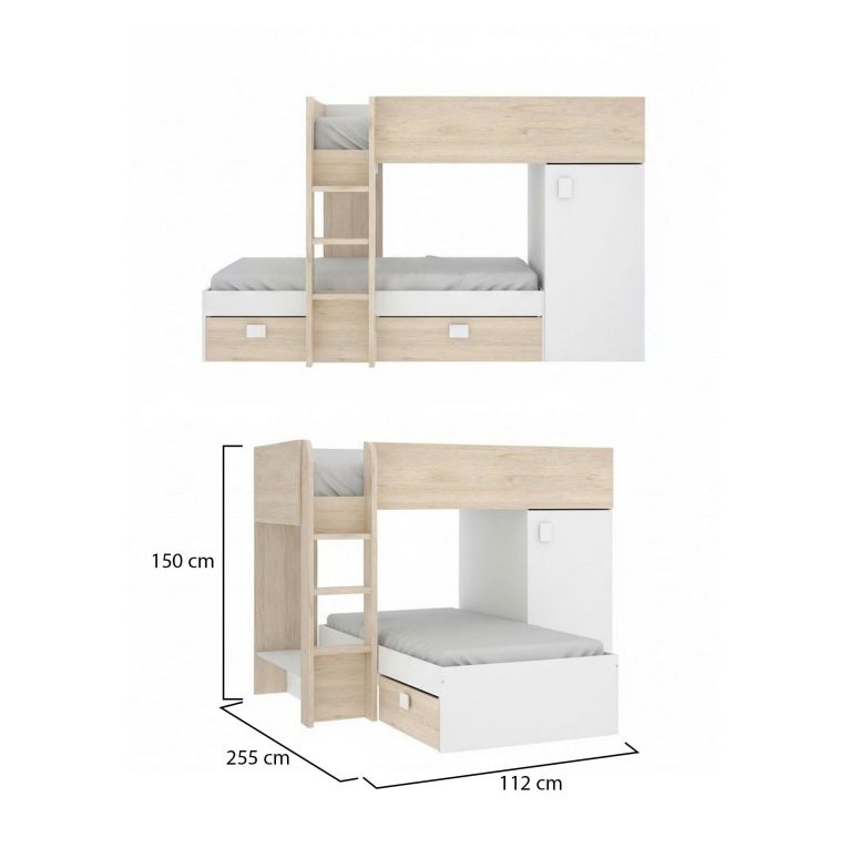 Letto per bambini Marmolada, Cameretta completa con armadio e cassetti, Composizione letto a castello con due lettini singoli, 255x112h150 cm, Bianco e Rovere