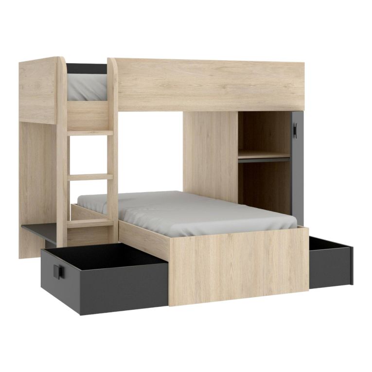 Letto per bambini Marmolada, Cameretta completa con armadio e cassetti, Composizione letto a castello con due lettini singoli, 255x112h150 cm, Rovere e Antracite