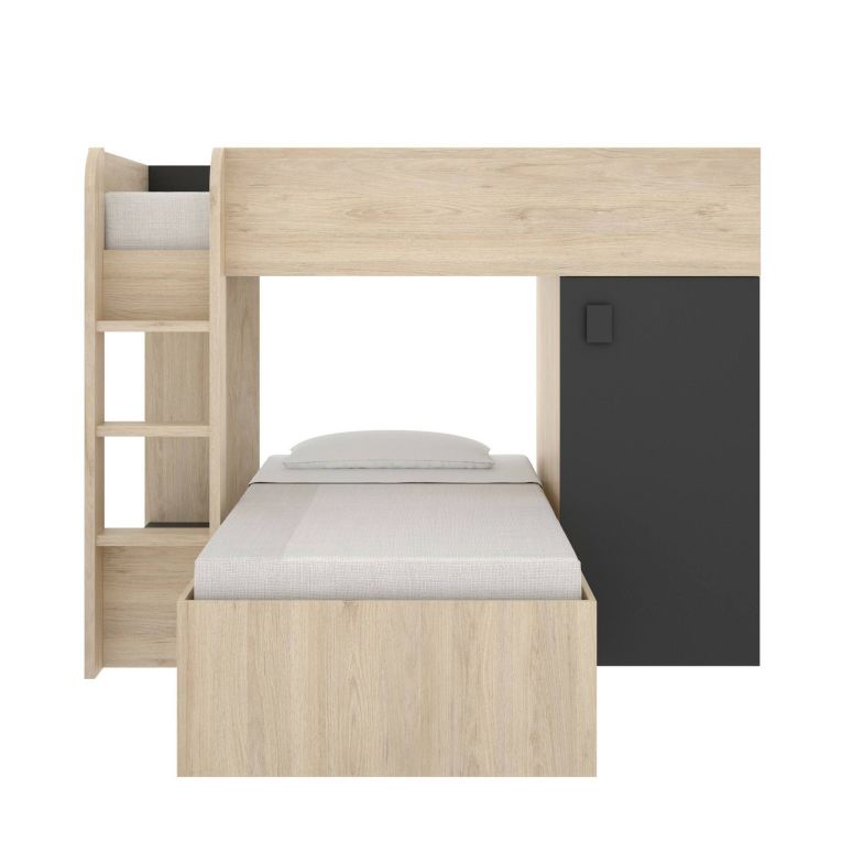 Letto per bambini Marmolada, Cameretta completa con armadio e cassetti, Composizione letto a castello con due lettini singoli, 255x112h150 cm, Rovere e Antracite