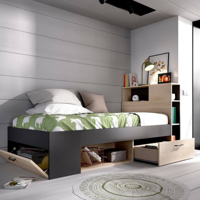 Letto per bambini scaffali e cassetti 218x99cm rovere e antracite - Adrielle