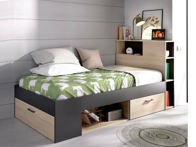 Letto per bambini scaffali e cassetti 218x99cm rovere e antracite - Adrielle