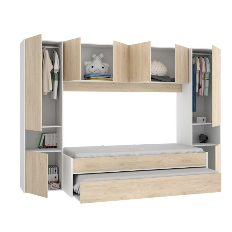 Letto per bambini Venturosa, Cameretta completa con armadio a ponte e cassettone, Composizione con letto e lettino singolo estraibile, 303x97h203 cm, Rovere e Bianco