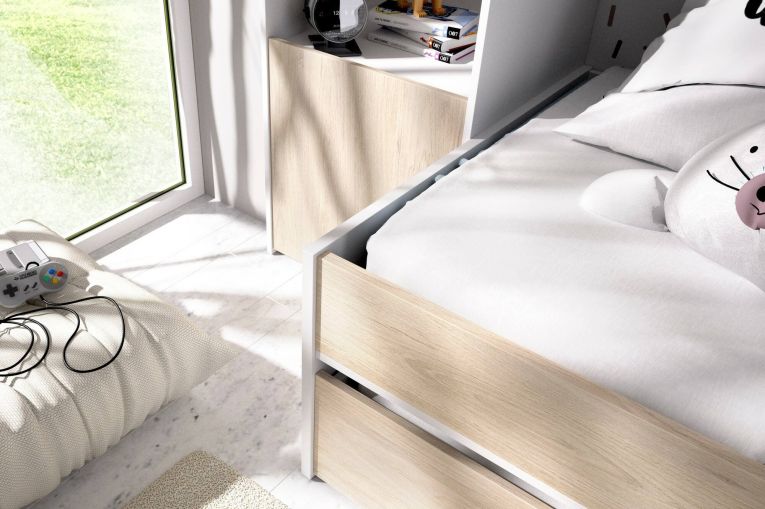 Letto per bambini Venturosa, Cameretta completa con armadio a ponte e cassettone, Composizione con letto e lettino singolo estraibile, 303x97h203 cm, Rovere e Bianco