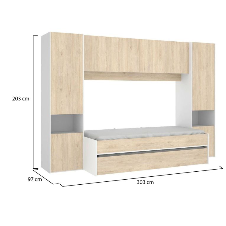 Letto per bambini Venturosa, Cameretta completa con armadio a ponte e cassettone, Composizione con letto e lettino singolo estraibile, 303x97h203 cm, Rovere e Bianco